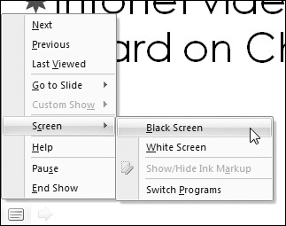 The Control menu allows you to skip to other slides or blank the screen for a brief pause.