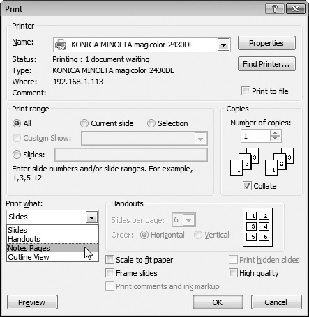 The Print dialog lets you set the number of copies and the page range for the print job.