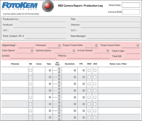 Fotokem camera report, customized for RED.