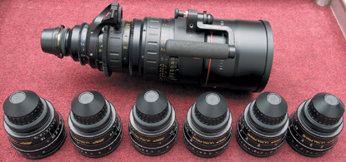 A RED lens kit featuring a combination of prime and zoom lenses.