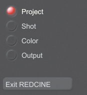 The Project, Shot, Color, and Output buttons in REDCINE.