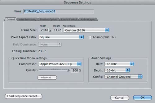 Sequence settings for 2K ProRes 16:9 footage.