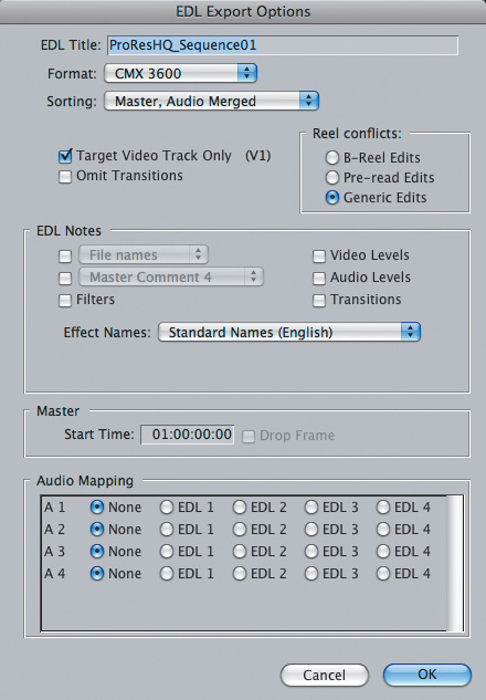 Follow these export options for your EDL from Final Cut Pro.