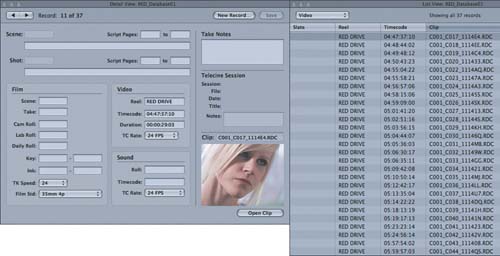 Viewing a RED database in the Video view in Cinema Tools.