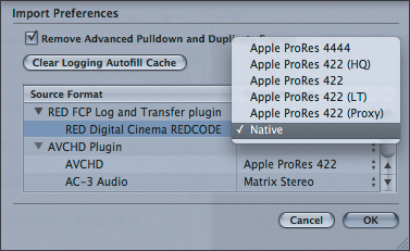 Selecting Native in the RED Import Preferences dialog.