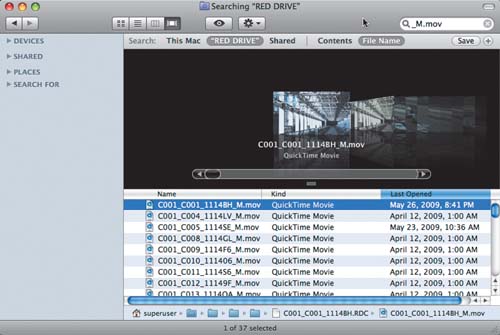 Searching for _M.mov files in a RED reel folder with the Finder.