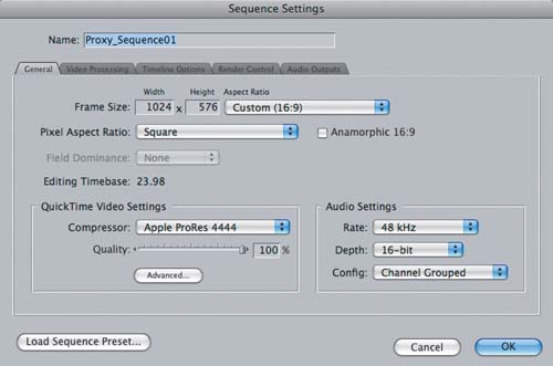 Sequence settings for a proxy edit.