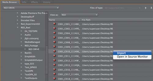 Using the Adobe Premiere Pro Media Browser to load RED R3D files.