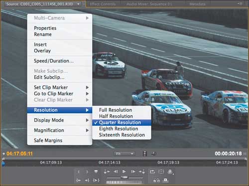 Selecting RED playback resolution for the sequence.