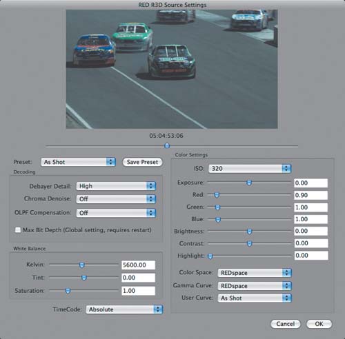 The RED R3D Source Settings window gives you access to many of the clip’s native metadata controls.