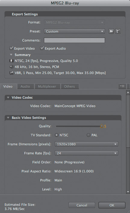 Exporting an MPEG2 for a Blu-ray high-definition disc in After Effects.