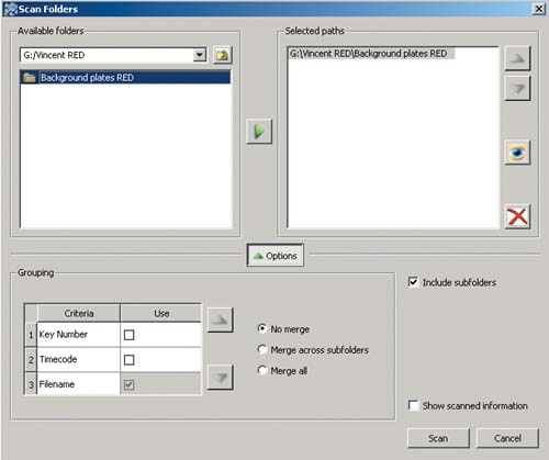 MetaFuze set up to scan a directory for R3D files.