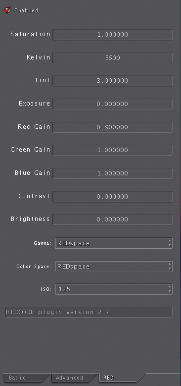 The RED tab in the Primary room of Color can access clip gamma and color space, exposure, ISO, color temperature, and other native R3D metadata.