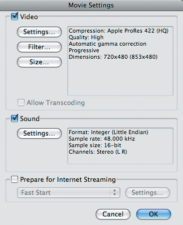 Exporting a QuickTime file as standard definition from Final Cut Pro.