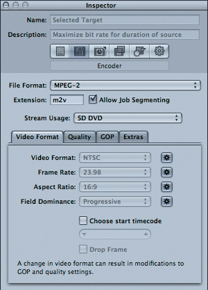 Verifying video format settings in Compressor’s Inspector.