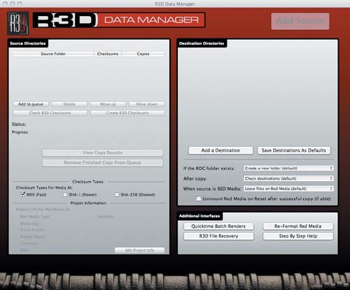 R3D Data Manager main transfer window.