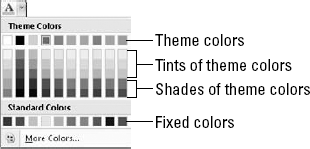 Choose colors for text and graphic objects from a color picker that focuses on theme-based color choices.