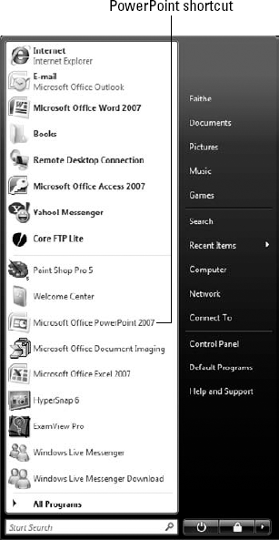 A shortcut to PowerPoint might appear on the top level of the Start menu. PowerPoint shortcut