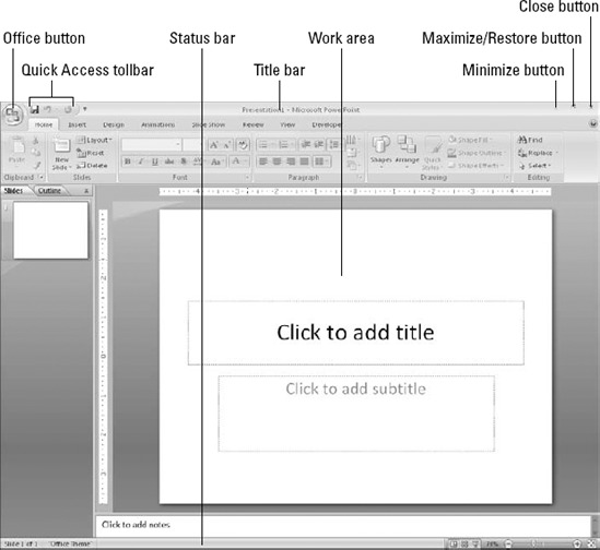 The PowerPoint window is a combination of usual Windows features and unique Office 2007 elements.