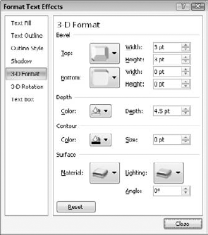 Fine-tune the bevel settings in the Format Text Effects dialog box.