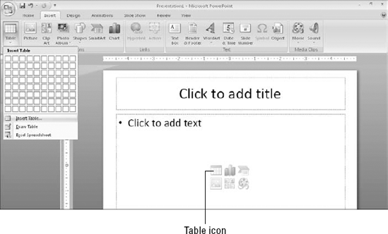 Open the Insert Table dialog box from either the Table menu or a content placeholder.