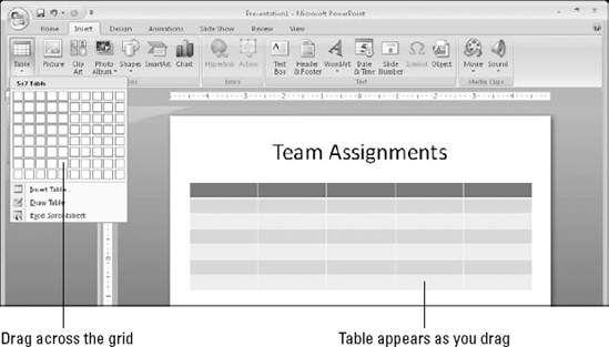 Drag across the grid in the Table button's menu to specify the size of the table that you want to create.