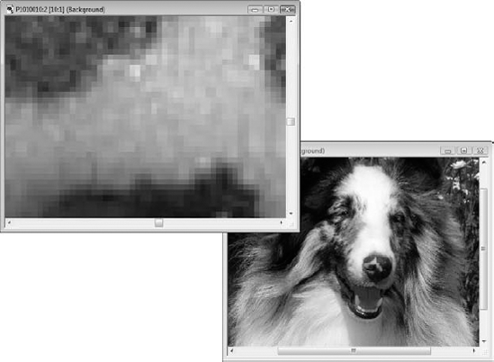 A raster graphic, normal size (right) and zoomed in to show individual pixels (left).