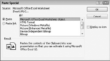 Use the Paste Special dialog box to link or embed a piece of a data file from another program.