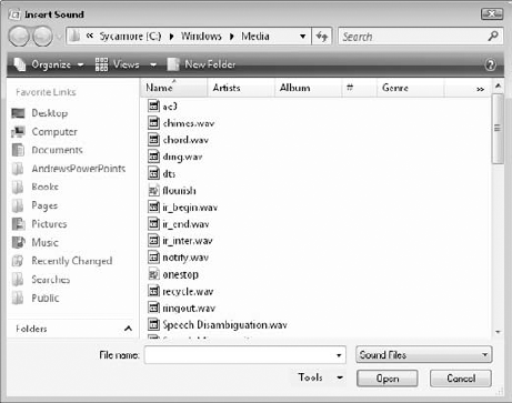 Choose a sound file from your hard disk or other location (such as your company's network).