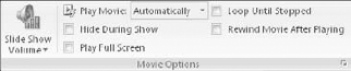 The Movie Options group controls movie playback directly from the Options tab.