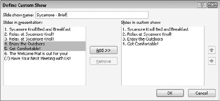 Use the Add button to copy slides from the main presentation into the custom show.