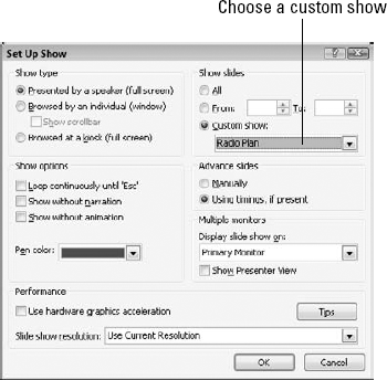 Use the Set Up Show dialog box to control which of your custom shows runs when you start the show.