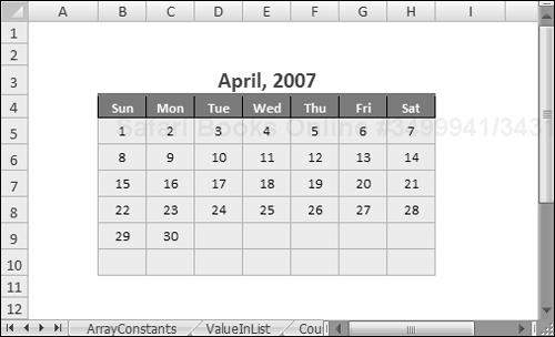 A single multicell array formula is all it takes to make a calendar for any month in any year.