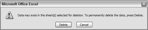 Attempting to delete one or more chart sheets results in this message.