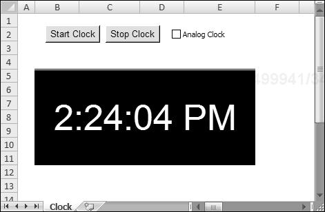 Displaying a digital clock in a worksheet is much easier but not as much fun to create.