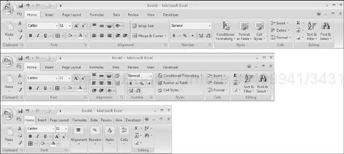 The Home tab of the Ribbon, with varying widths of the Excel window.