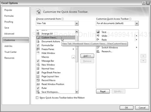 Using the Customize tab of the Excel Options dialog box to determine the name of a control.
