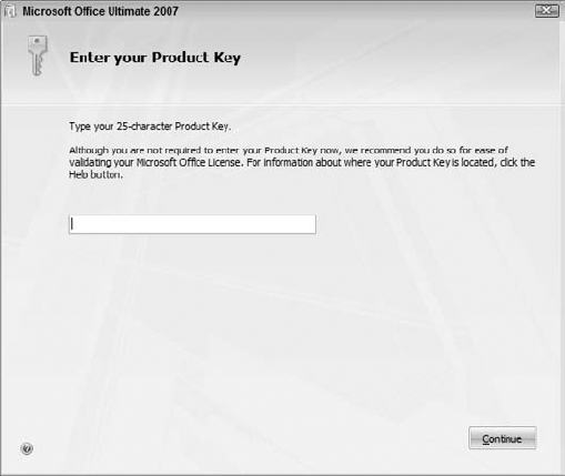 Entering the product key on the first setup screen.