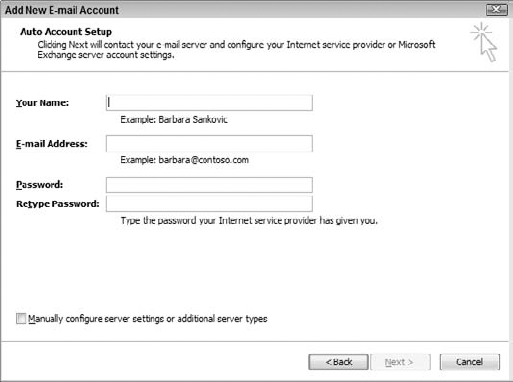 Entering your name, email address, and password during email account setup.