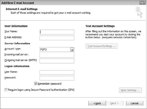 Entering required information for manual POP or IMAP email account setup.