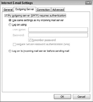The Outgoing Server tab in the Internet E-mail Settings dialog box.