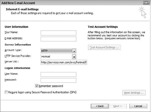 Entering information for manual HTTP mail account setup.