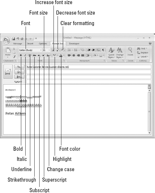 Outlook's font formatting tools.