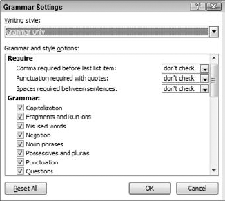 Setting options for how grammar and style are checked.