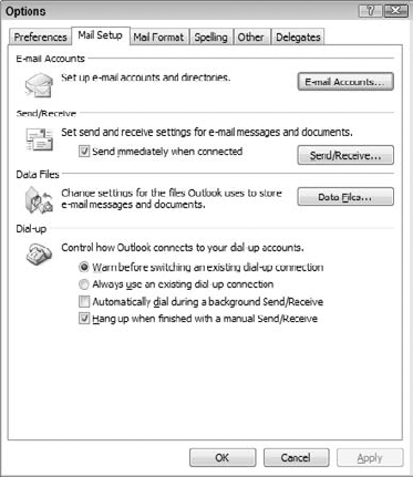 The Mail Setup tab in the Options dialog box.