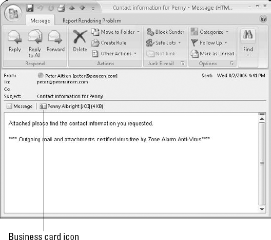 When you receive an Outlook contact attached to an email message, it is identified by a small business card icon.