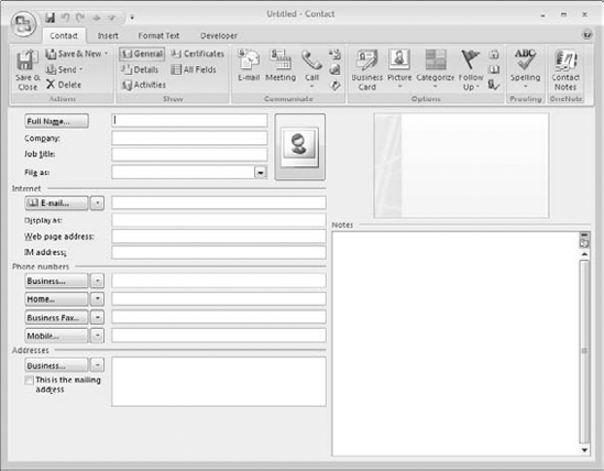 The contact form provides fields for a wide variety of information about the contact.