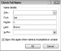 The Check Full Name dialog box lets you enter more details for a contact's name.