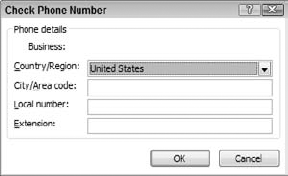 The Check Phone Number dialog box lets you enter more details for a contact's phone number.