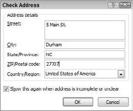 The Check Address dialog box lets you enter more details for a contact's address.